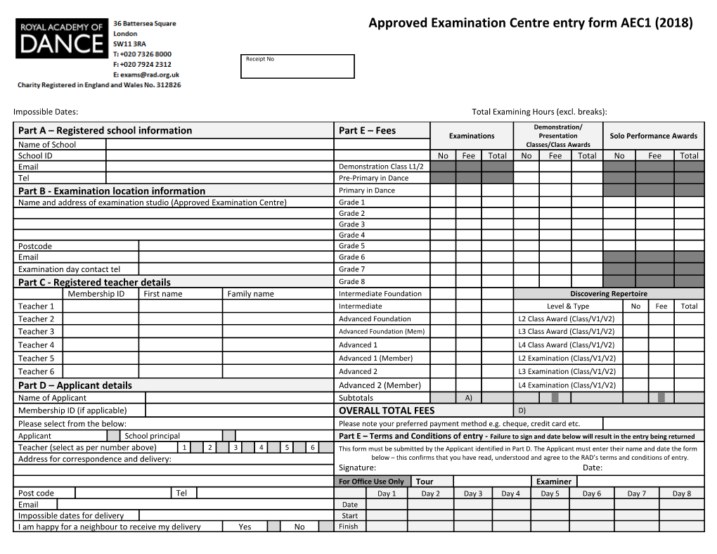 Approved Examination Centre Entry Form AEC1 (2018)
