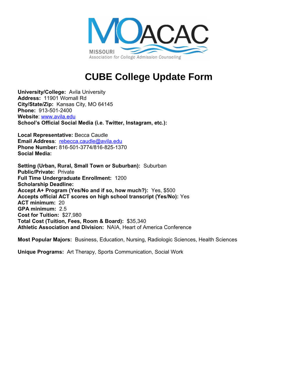 CUBE College Update Form