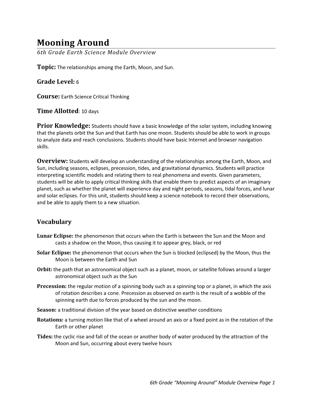 6Th Grade Earth Science Module Overview