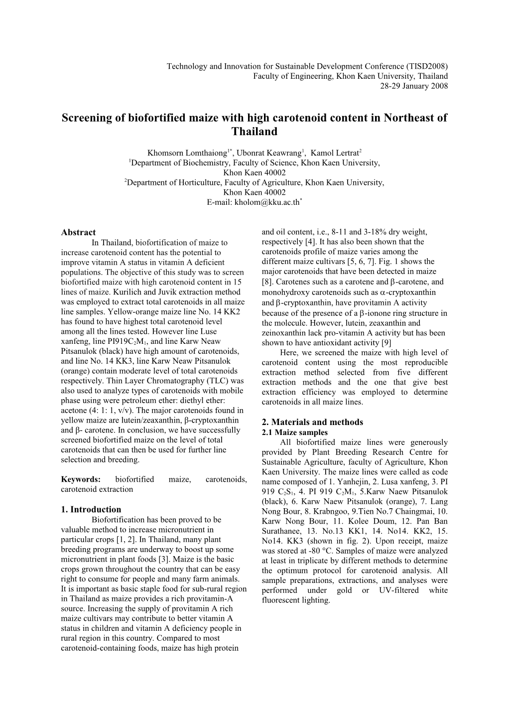 Screening of Biofortified Maize with High Carotenoid Content in Northeast of Thailand