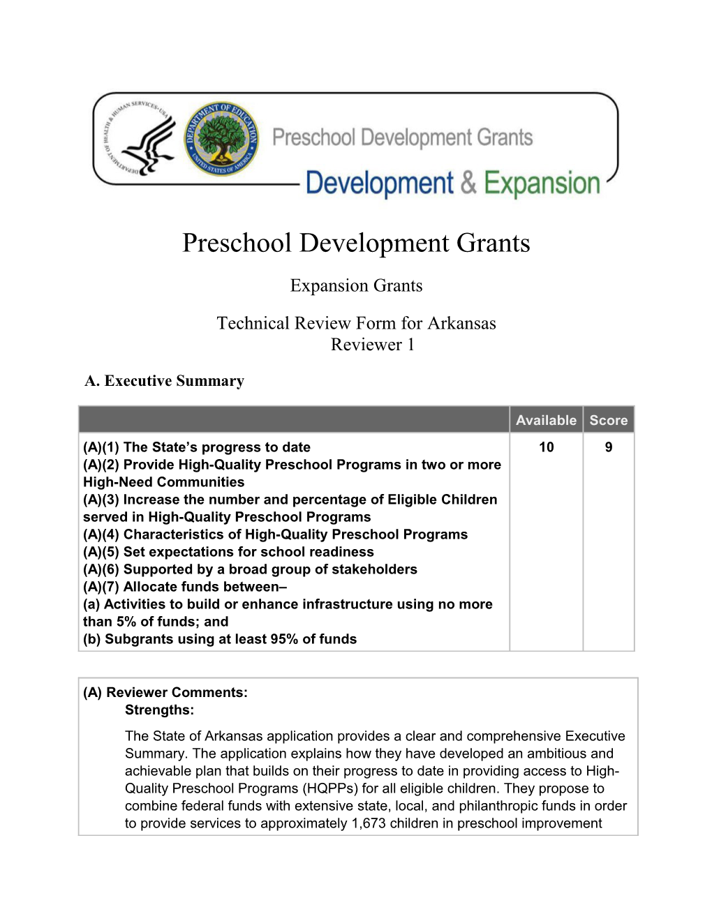 Arizona Reviewer Comments for Preschool Development Grant 2014 Competition (MS Word)