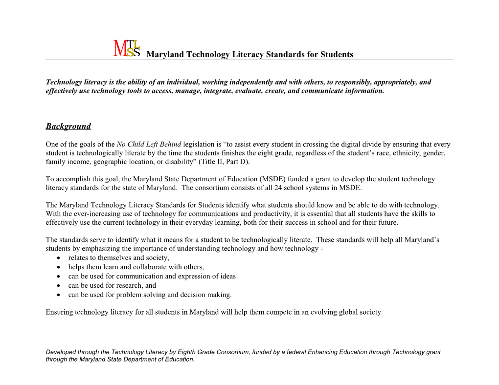 Maryland Technology Literacy Standards for Students