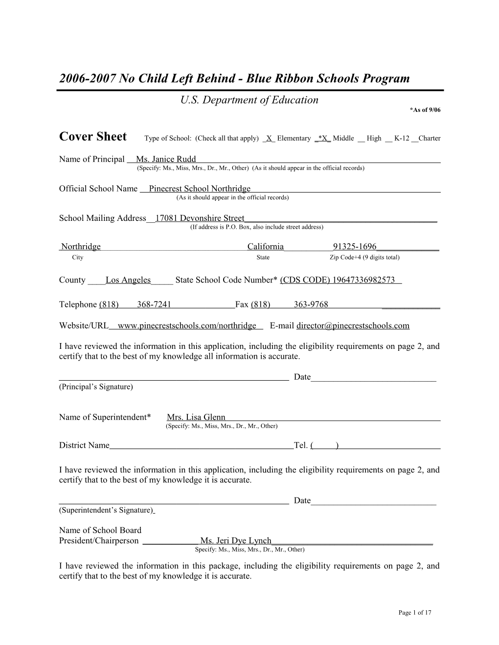 Application: 2006-2007, No Child Left Behind - Blue Ribbon Schools Program (MS Word) s9