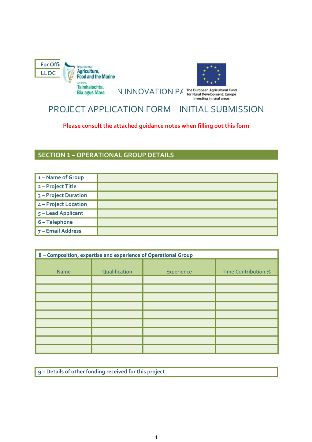 Project Application Form Initial Submission