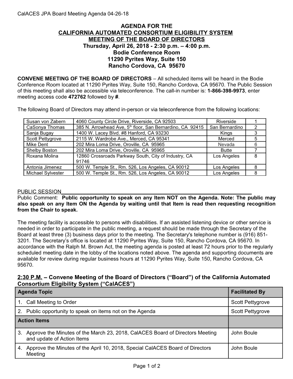 Calaces JPA Board Meeting Agenda 04-26-18