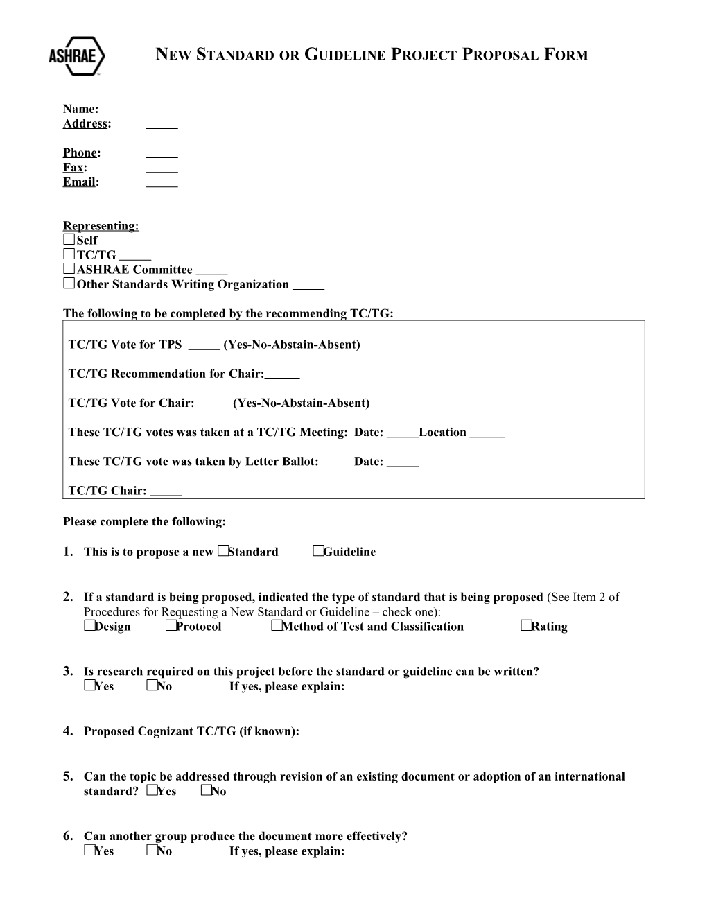 New Standard Or Guideline Project Proposal Form