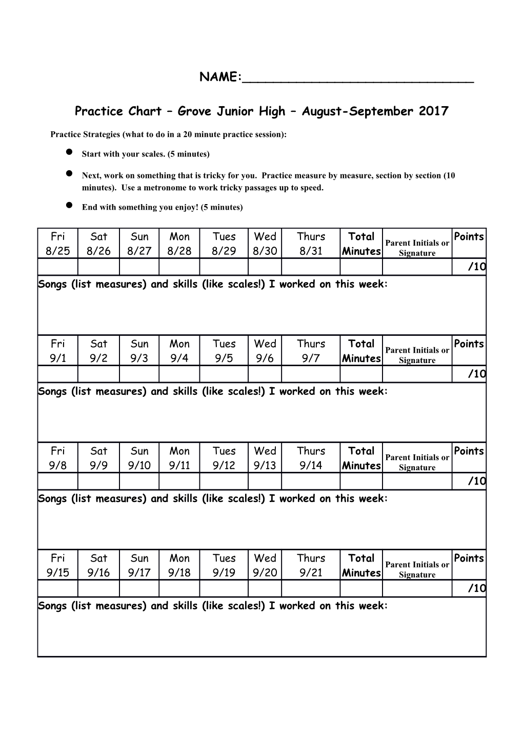 Practice Chart Grove Junior High August-September 2017