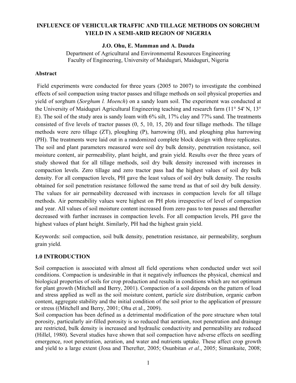 Influence of Vehicular Traffic and Tillage Methods on Sorghum Yield in a Semi-Arid Region