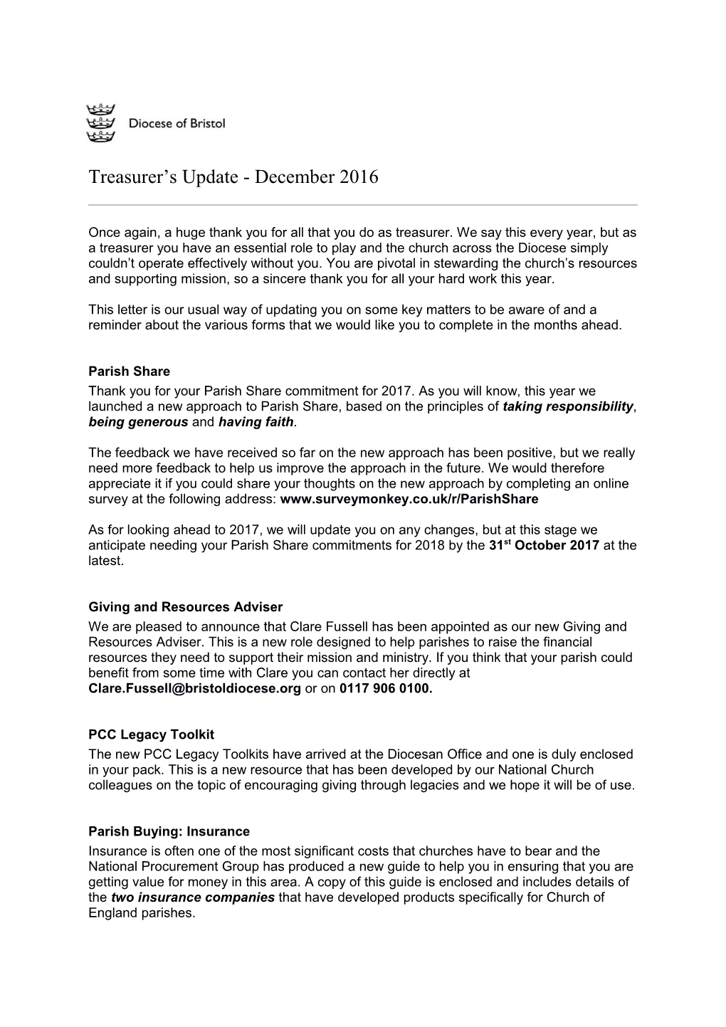 Treasurer S Update - December 2016