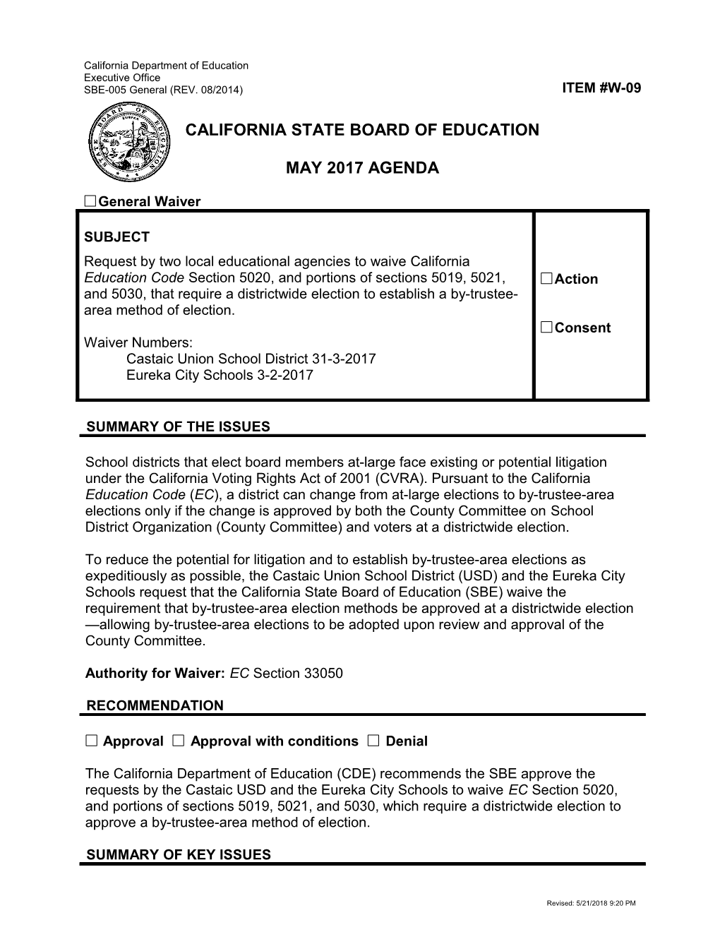 May 2017 Agenda Item W-09 - Meeting Agendas (CA State Board of Education)