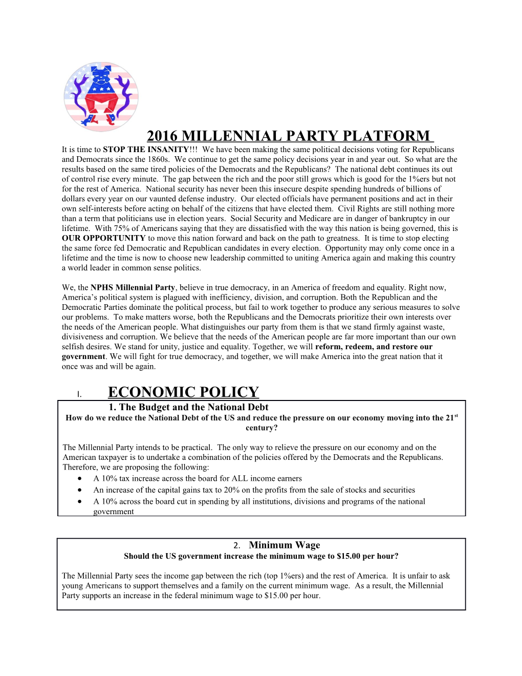 2016 Millennial Party Platform