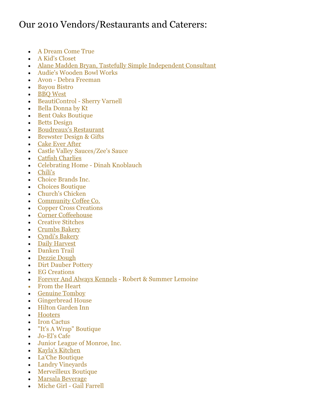 Our 2010 Vendors/Restaurants and Caterers