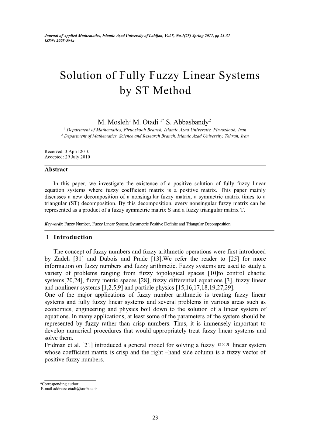 Journal of Applied Mathematics, Islamic Azaduniversity of Lahijan, Vol.8, No.1(28), Spring