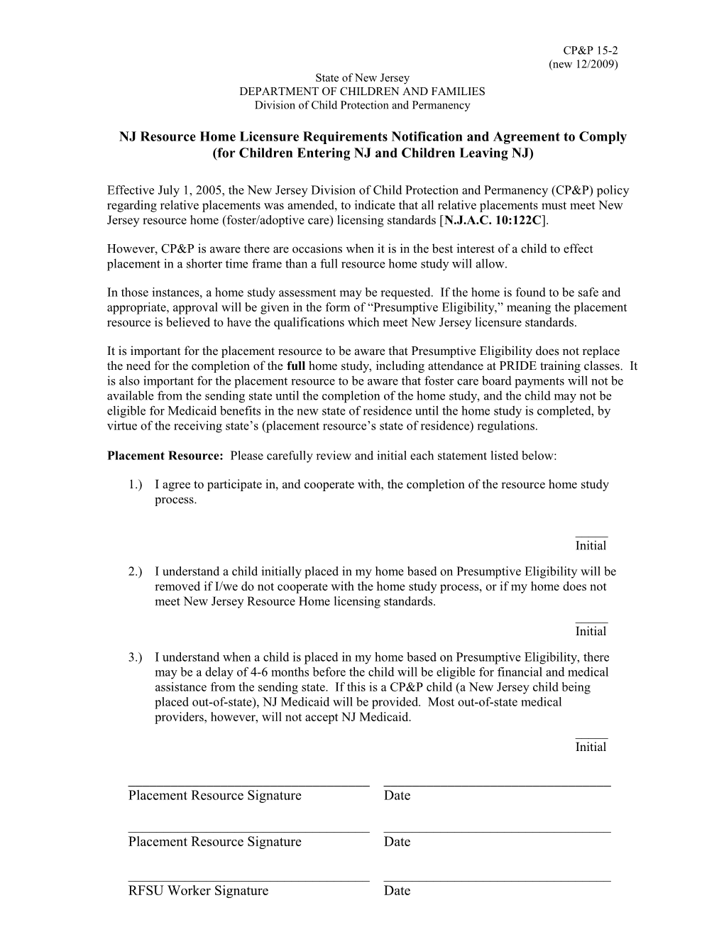 NJ Resource Home Licensure Requirements Notification and Agreement to Comply