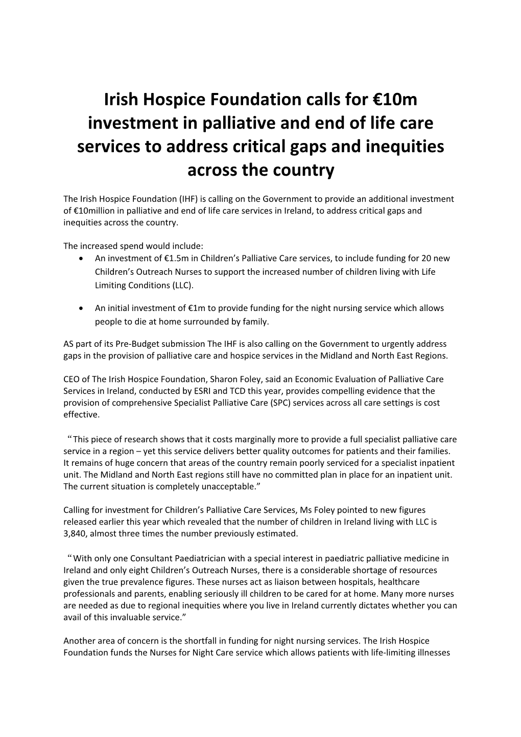 Irish Hospice Foundation Calls for 10M Investment in Palliative and End of Life Care Services