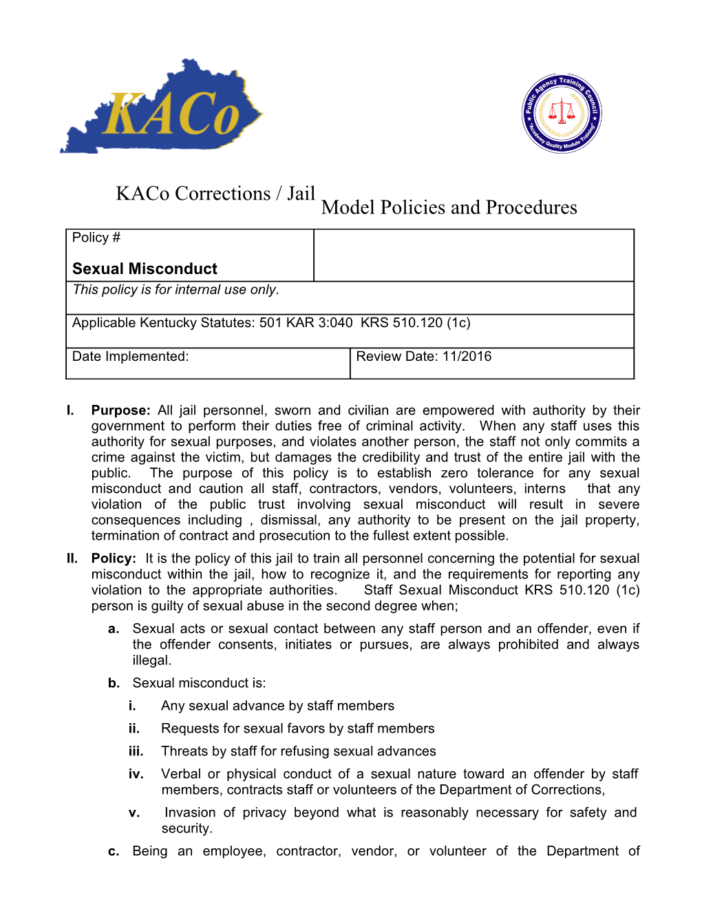 Kaco Corrections / Jail Modelpolicies and Procedures