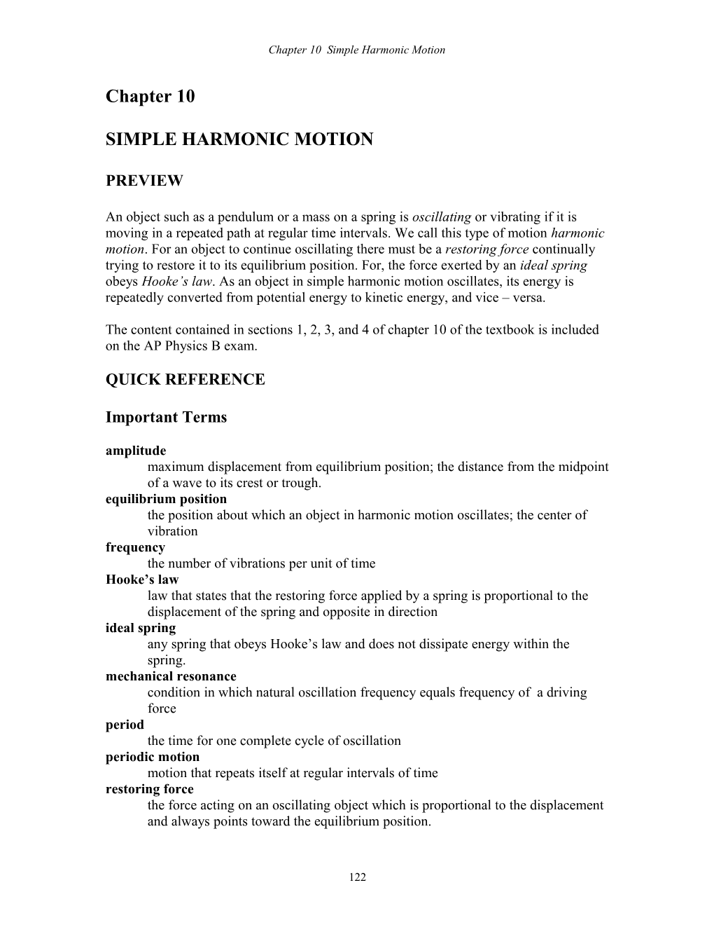 Chapter 10 Simple Harmonic Motion