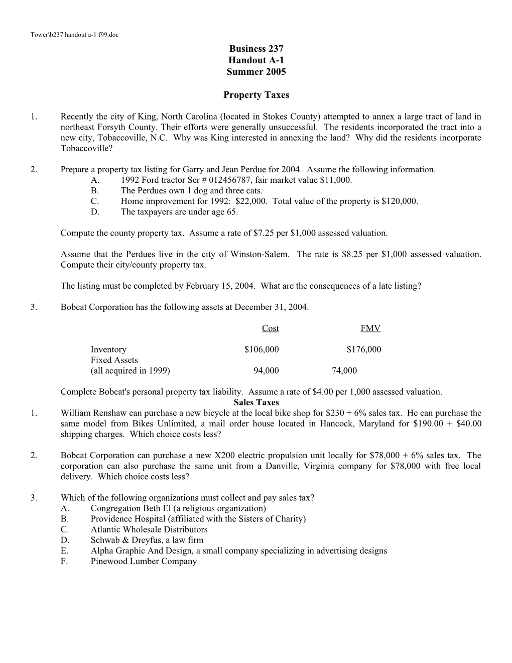 Tower B237 Handout A-1 F99