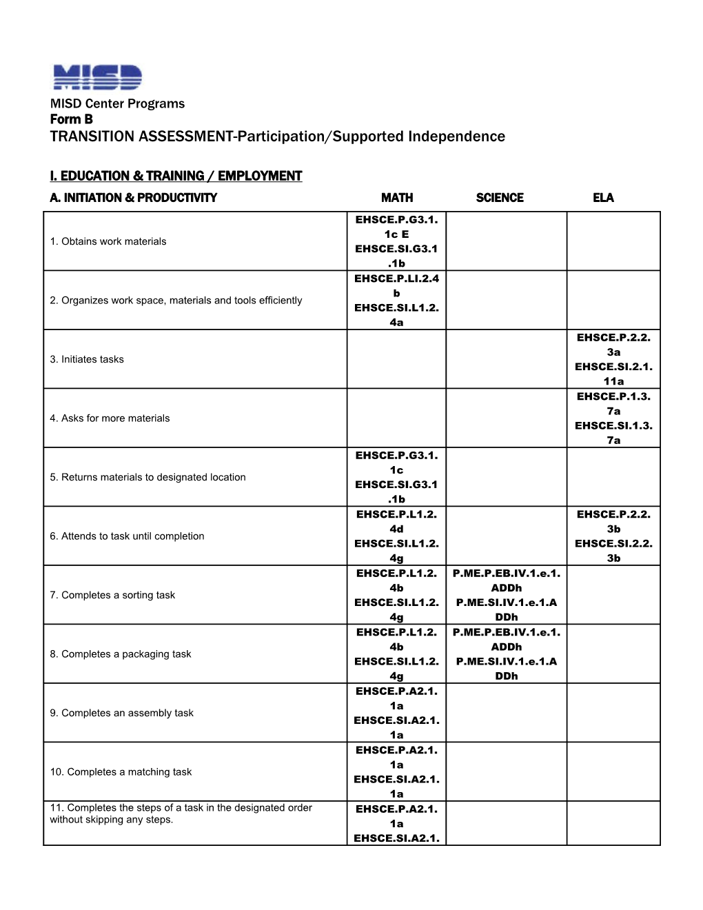 TRANSITION ASSESSMENT-Participation/Supported Independence