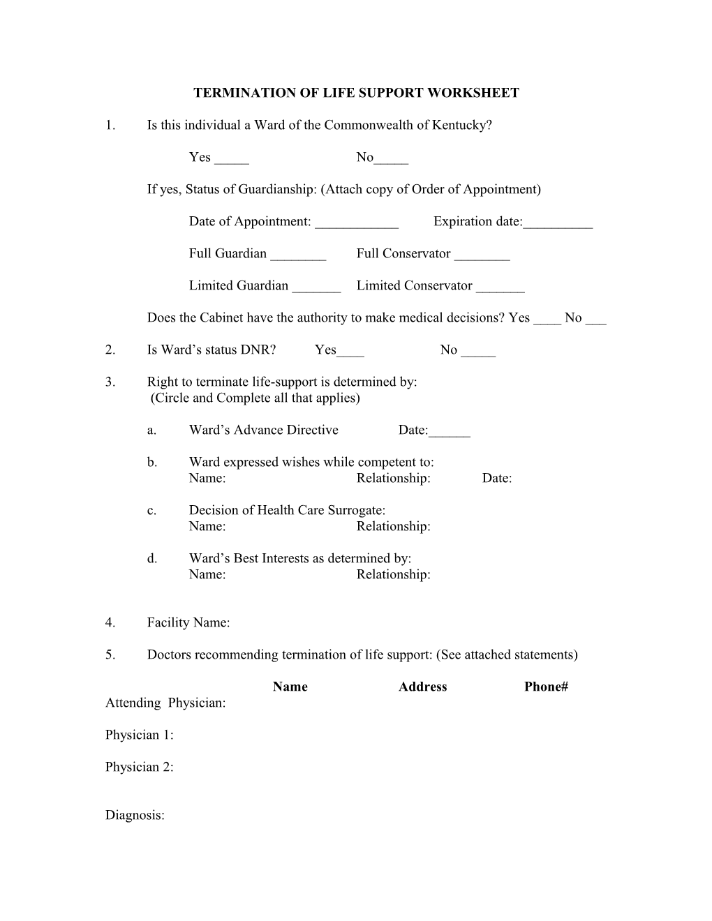 Termination of Life Support Worksheet