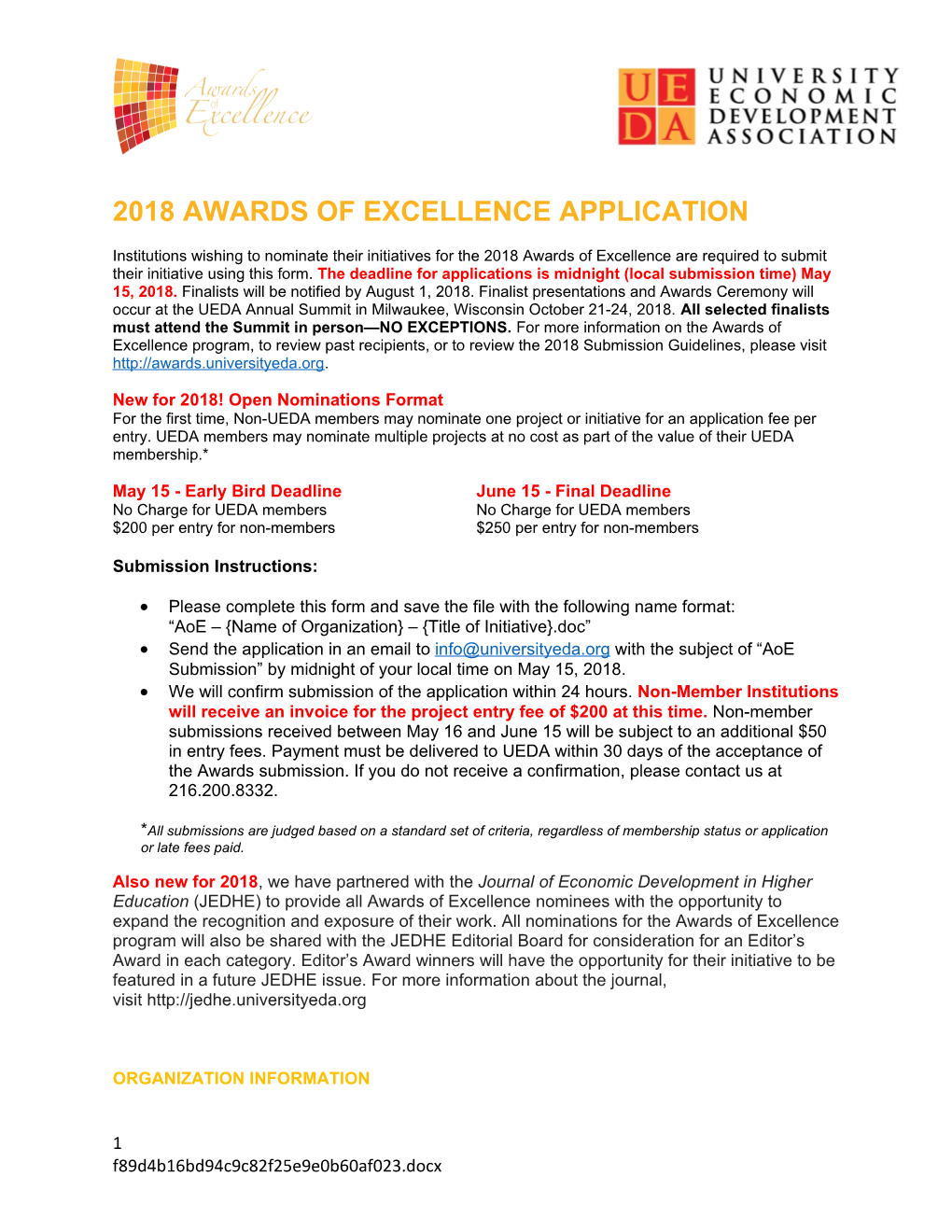 2018 Awards of Excellence Application
