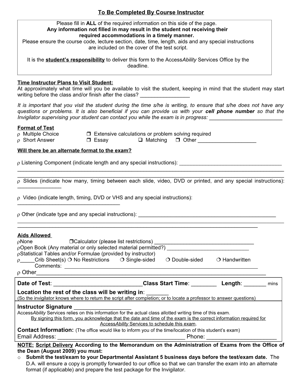Accessability Services Final Exam Request Form