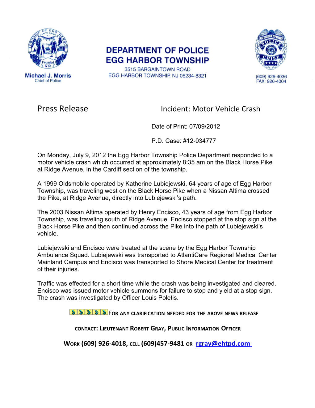 Press Release : for Immediate Release