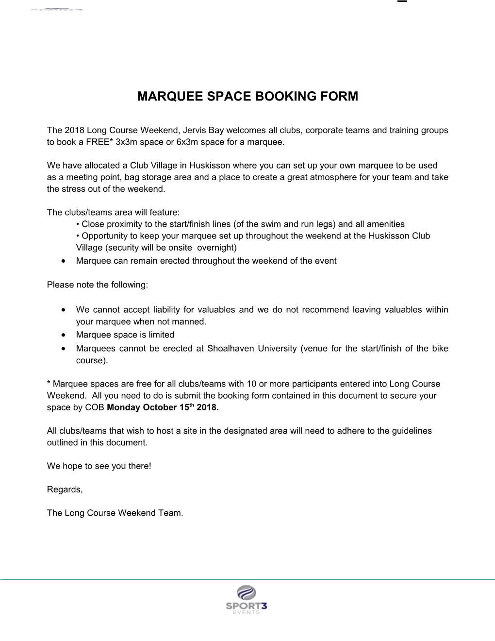 Marquee Space Booking Form