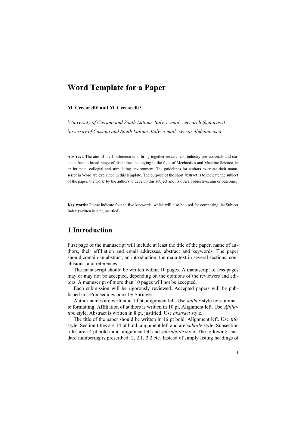 Latex Template for an EUCOMES 2010 Paper