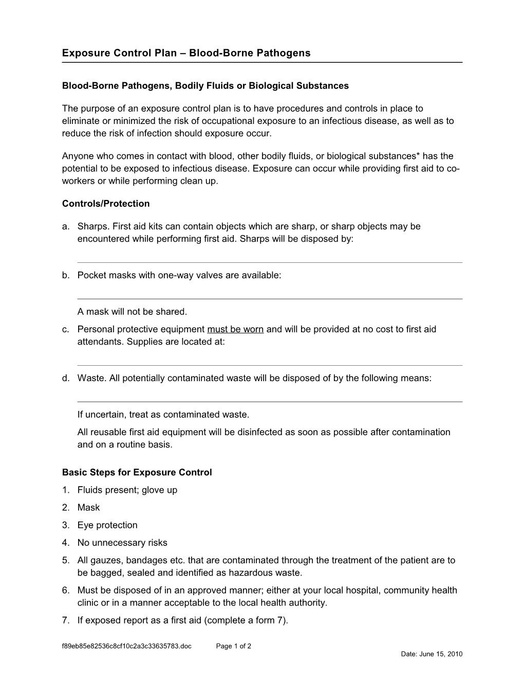 Exposure Control Plan Bloodborne Pathogens