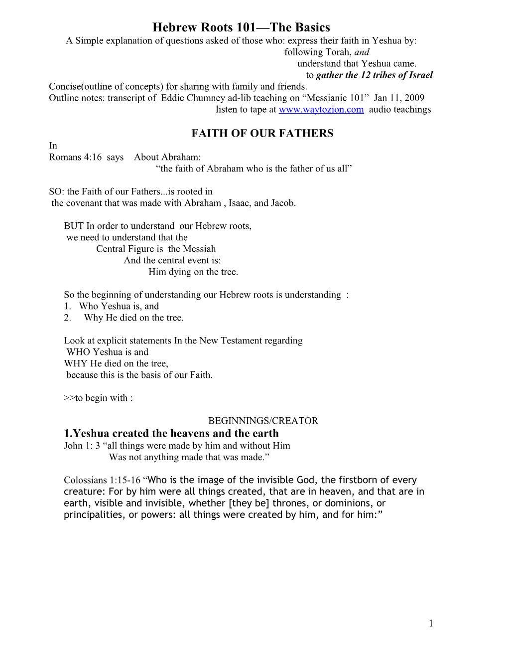 Outline Notes: Eddie Chumney On “Messianic 101” Jan 11, 2009