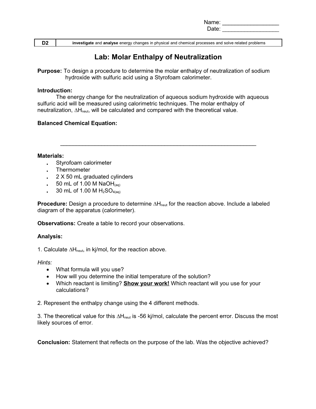 Lab: Molar Enthalpy of Neutralization