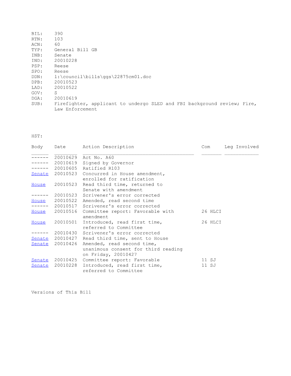 2001-2002 Bill 390: Firefighter, Applicant to Undergo SLED and FBI Background Review; Fire