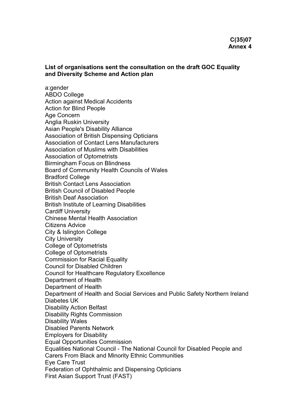 List of Organisations Sent the Consultation on the Draft GOC Equality and Diversity Scheme