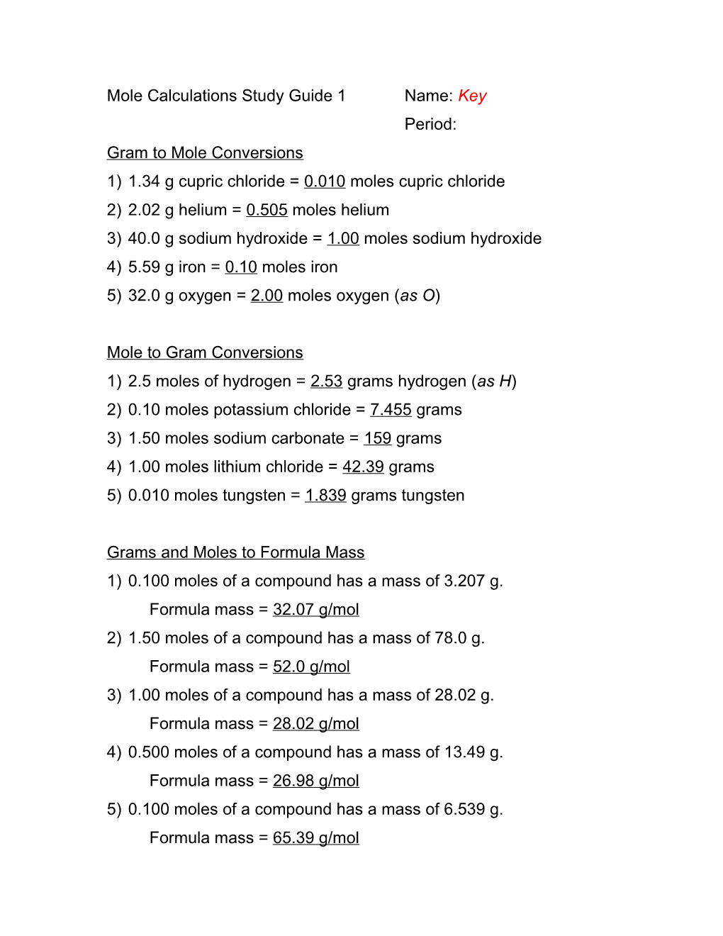 Mole Calculations Study Guide 1