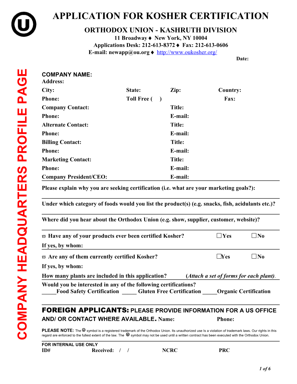 Application for Kosher Certification