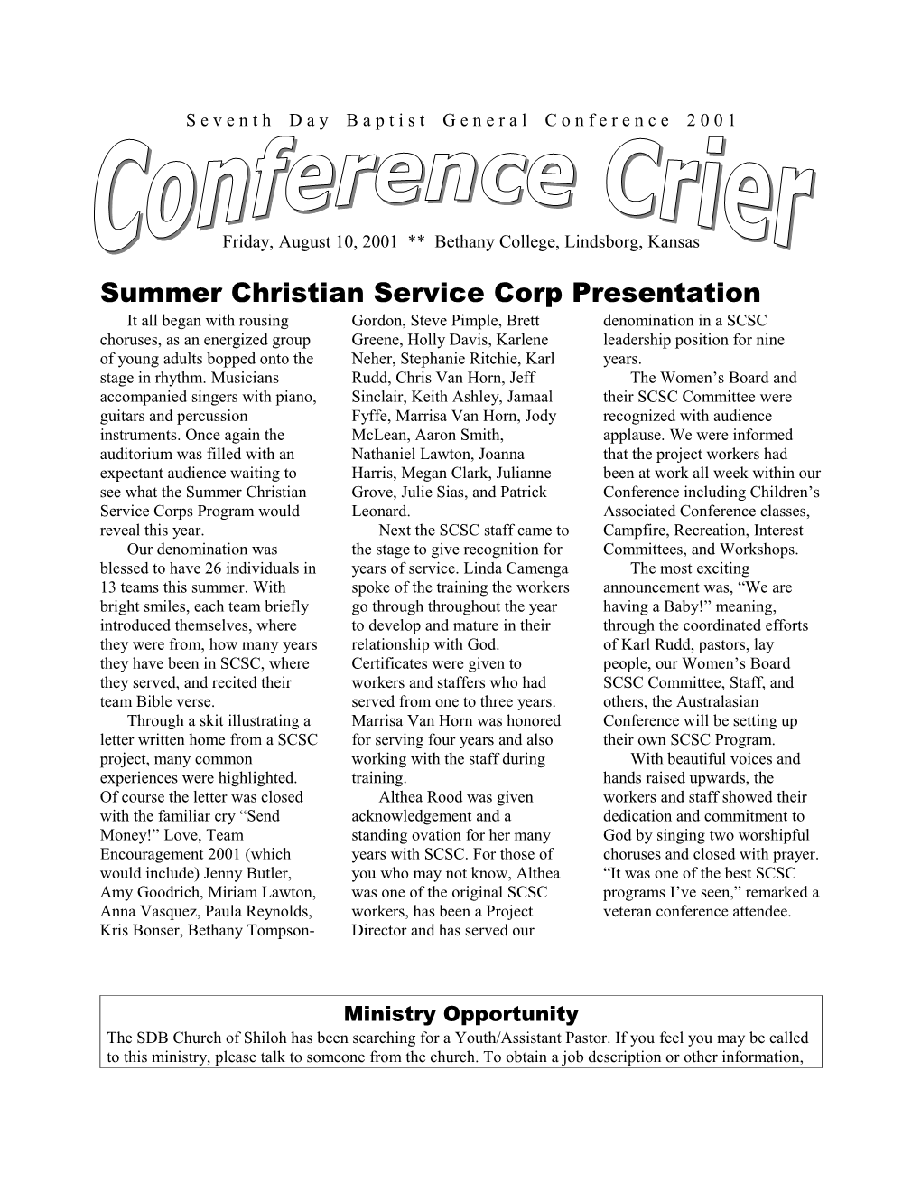 Summer Christian Service Corp Presentation