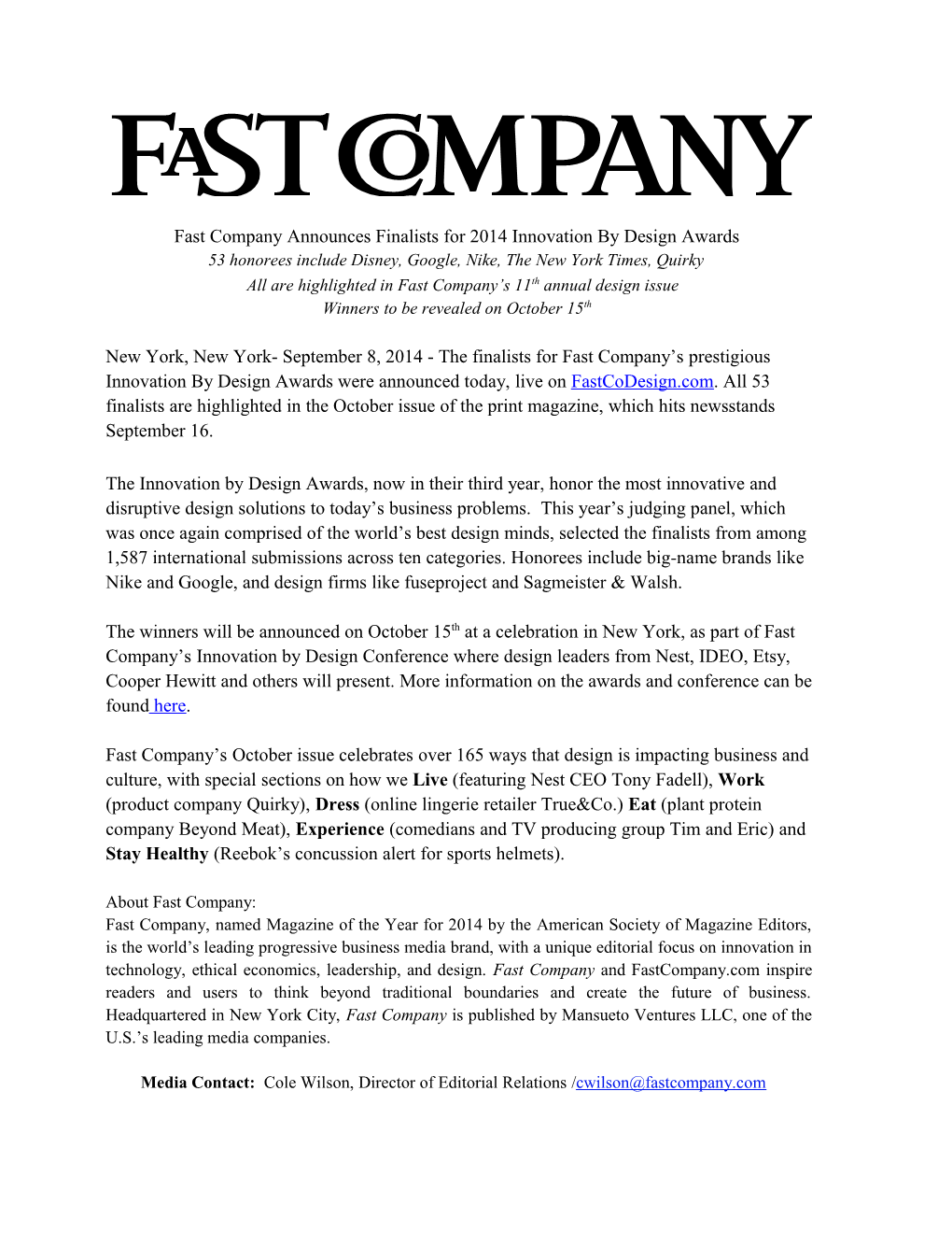 Fast Company Announces Finalists for 2014 Innovation by Design Awards