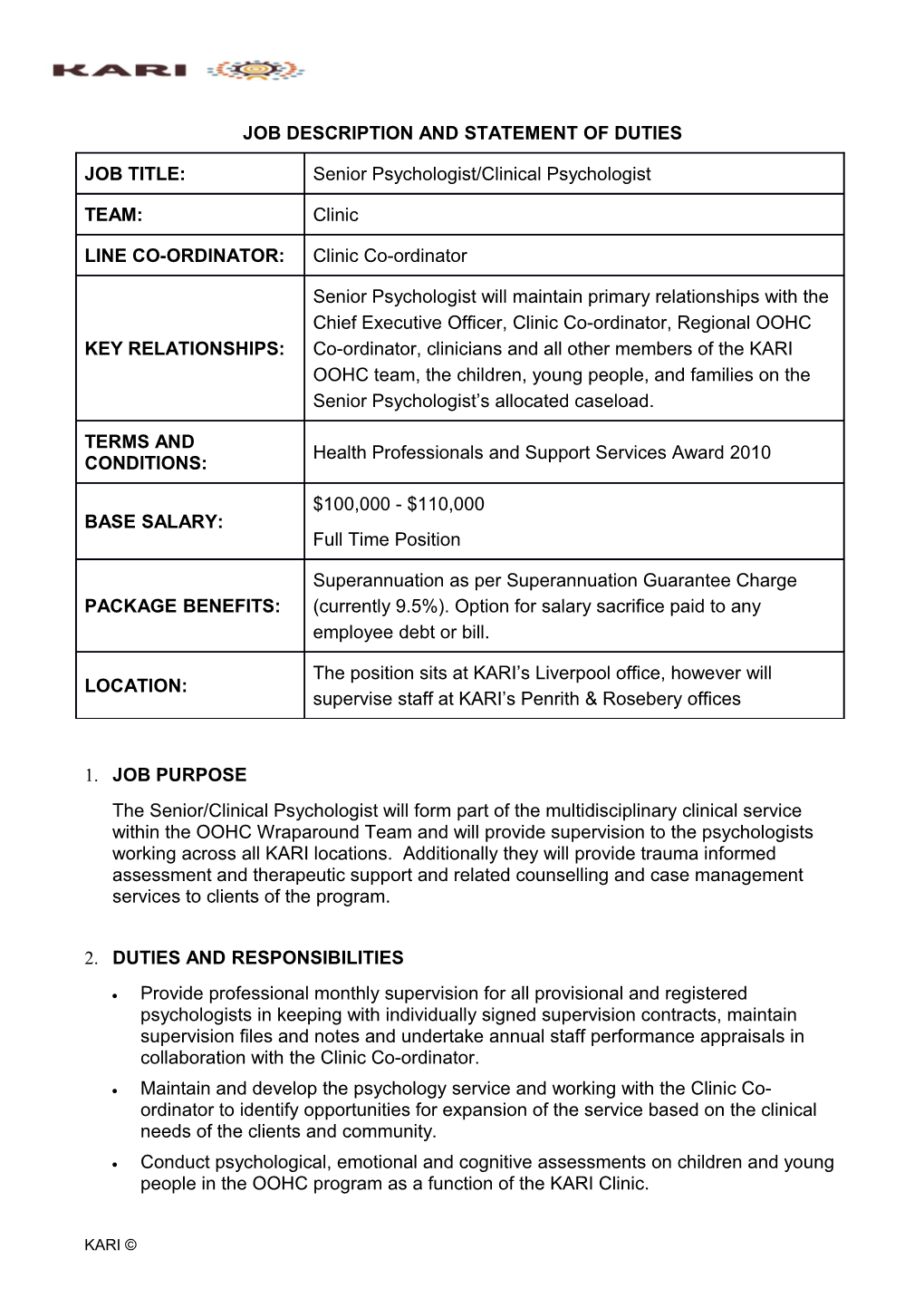 Job Description and Statement of Duties