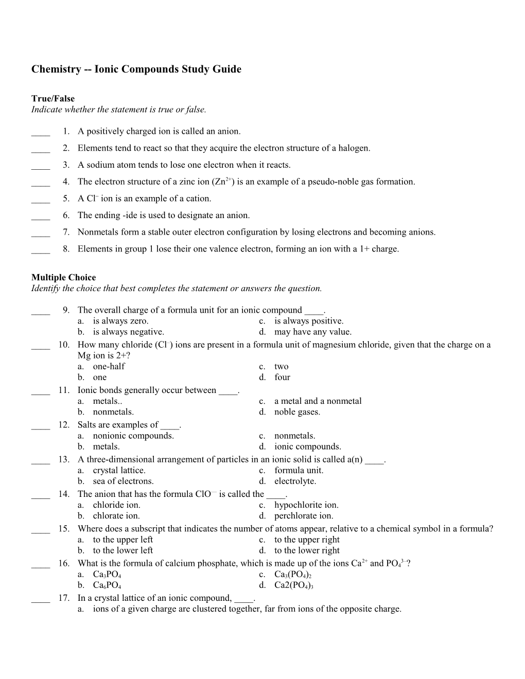 Chemistry Ionic Compounds Study Guide