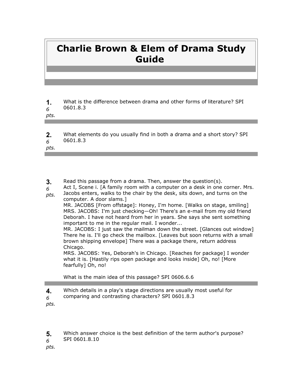 Charlie Brown & Elem of Drama Study Guide