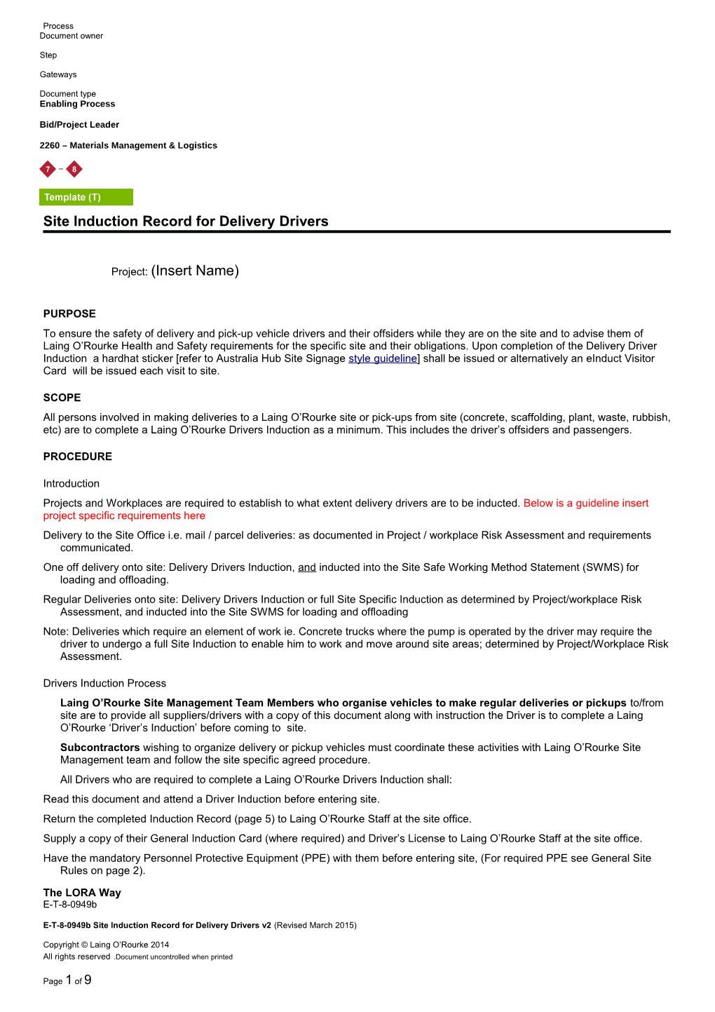 E-T-8-0949B Site Induction Record for Delivery Drivers