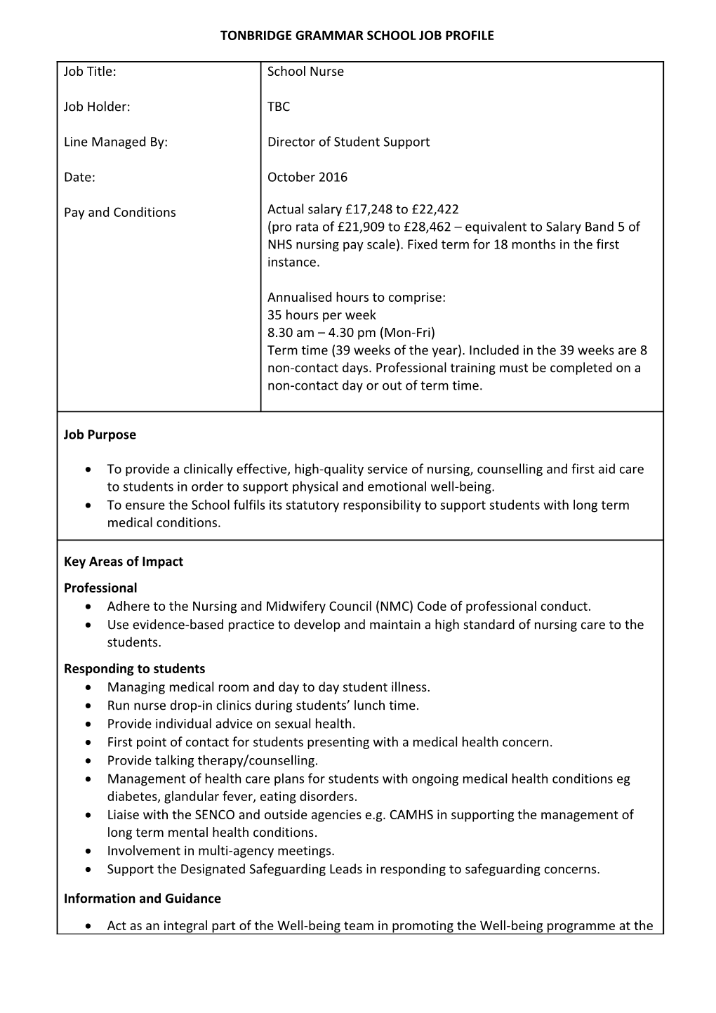 Tonbridge Grammar School Job Description