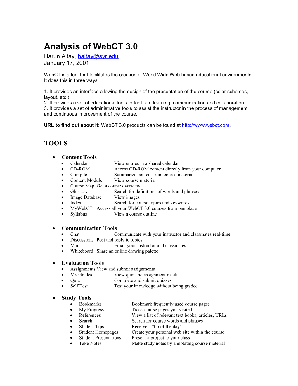 Analysis of Webct 3.0