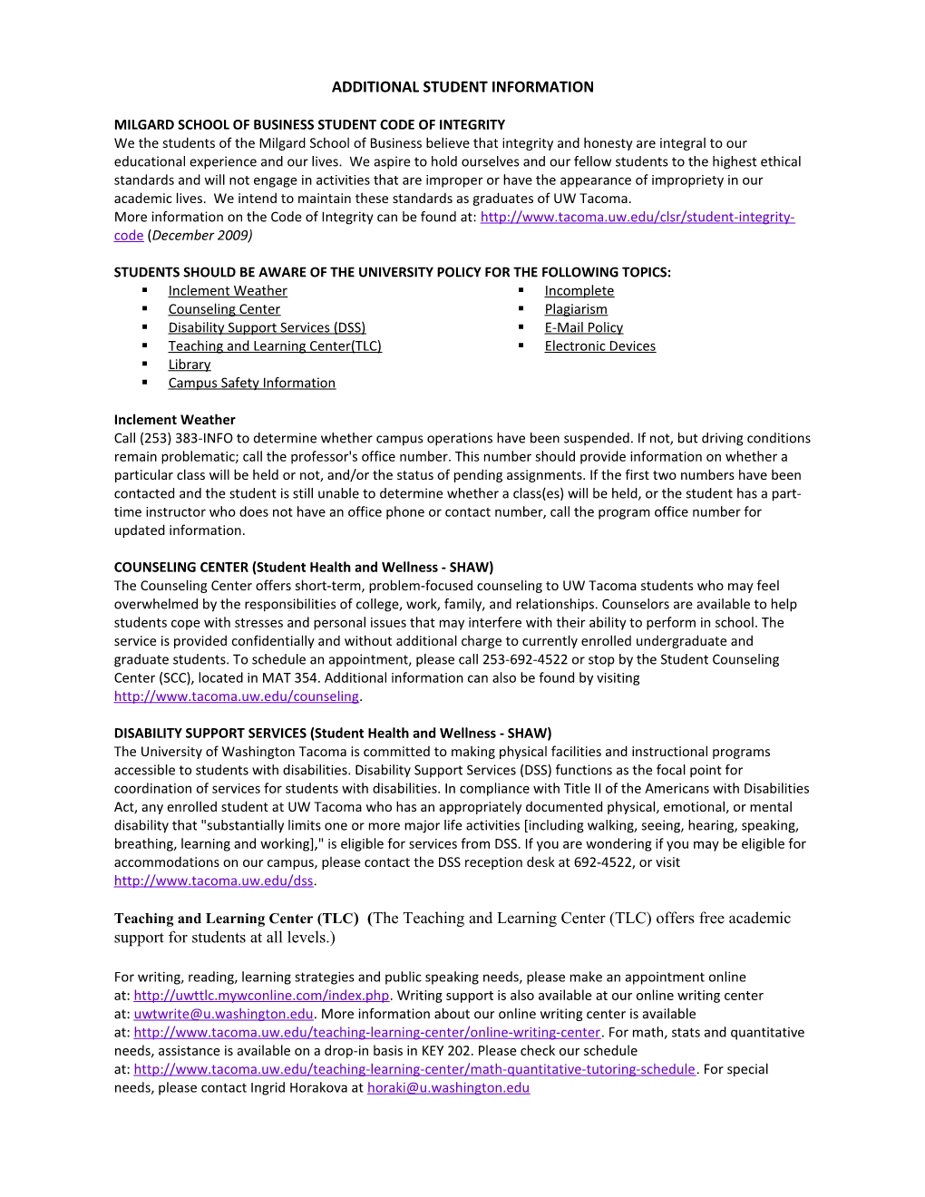 Milgard School of Business Student Code of Integrity (Required)