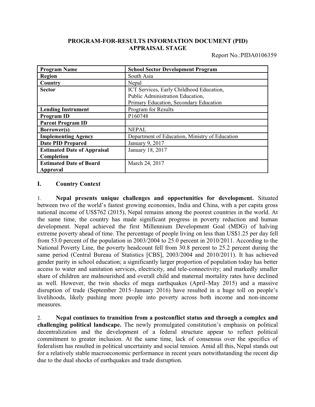 Program-For-Results Information Document (Pid)
