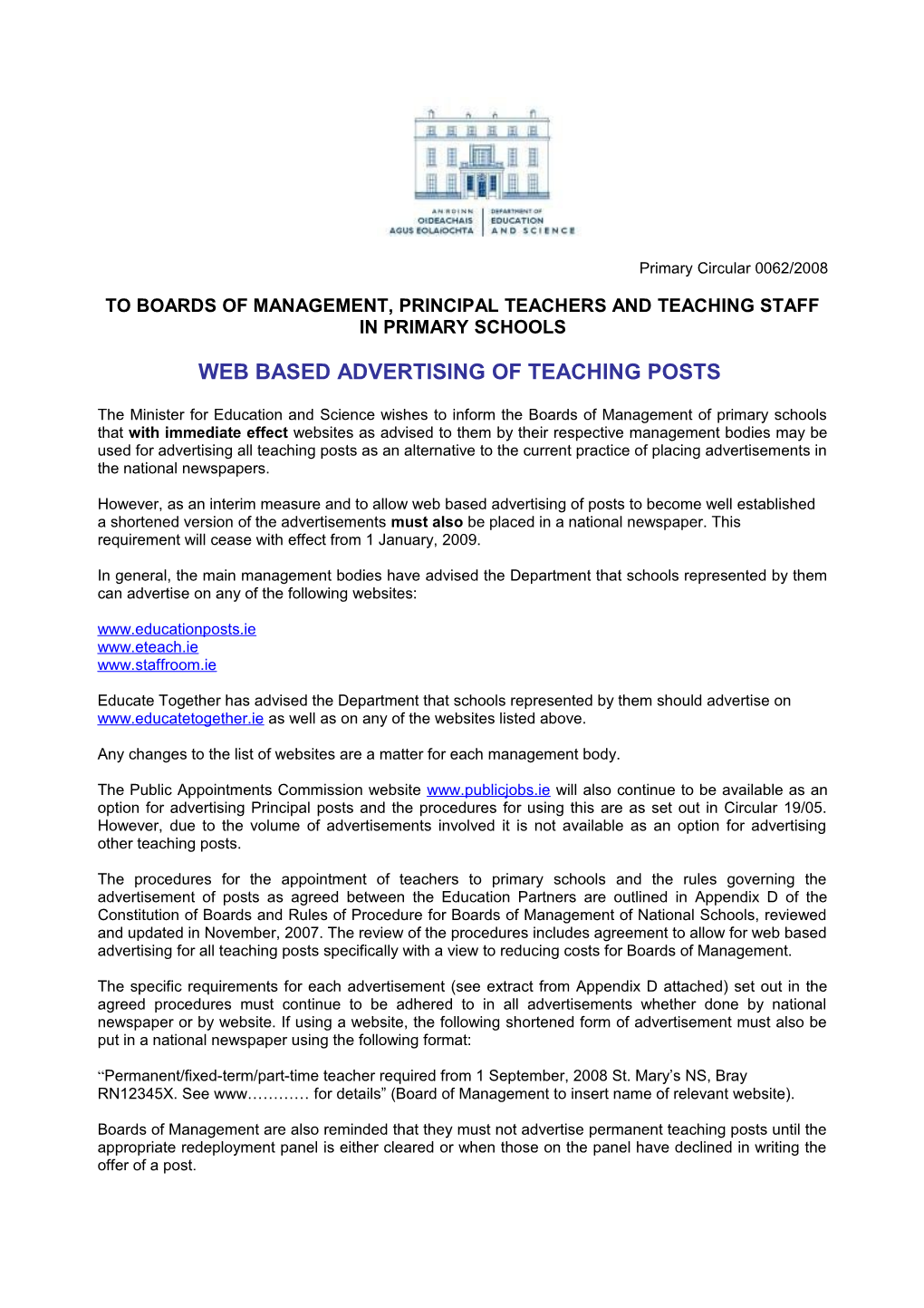 Web Based Advertising Of Teaching Posts (File Format Word 55KB)