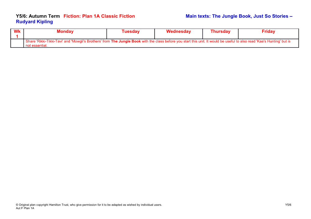 Y5/6: Autumn Term Fiction: Plan 1A Classic Fiction Main Texts: the Jungle Book, Just So s1