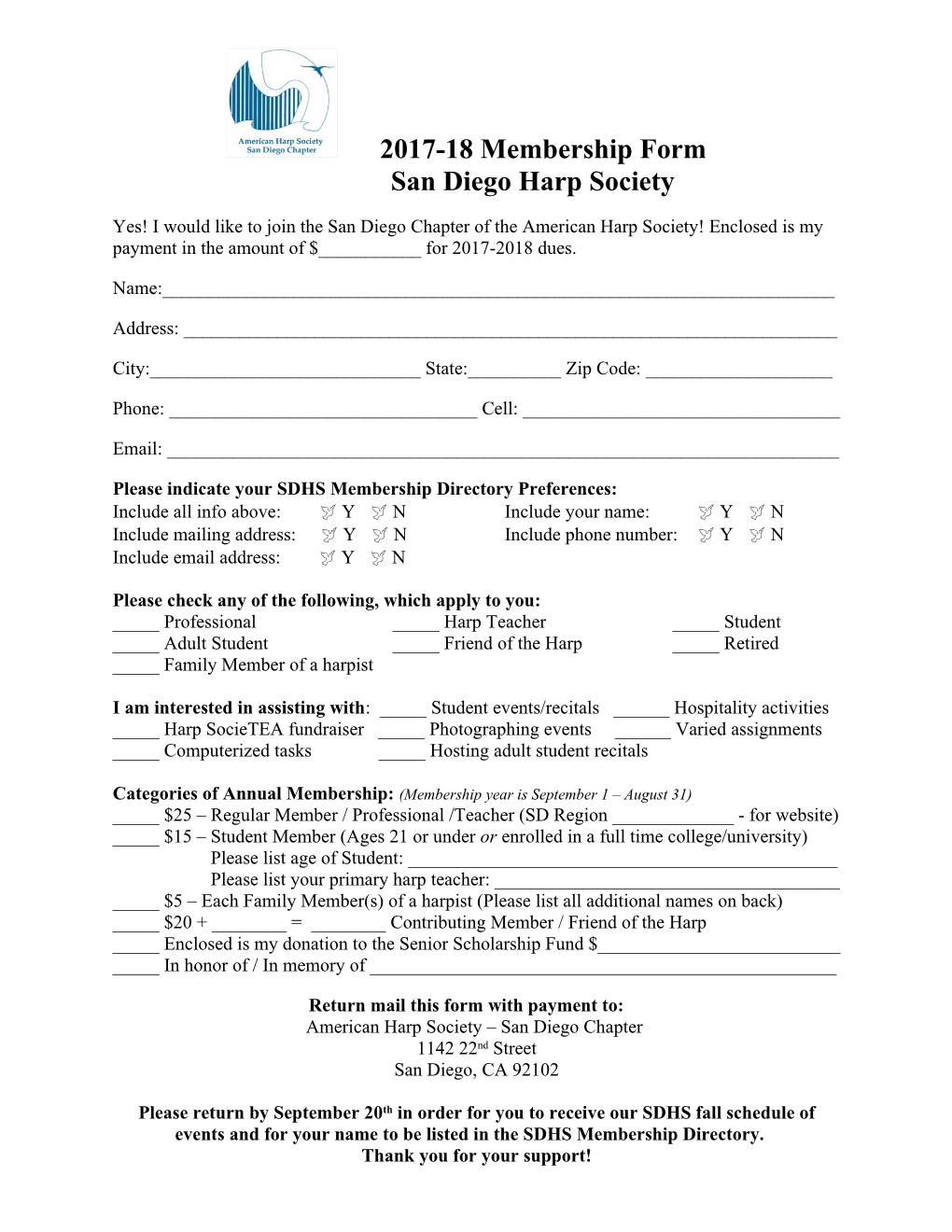 2017-18 Membership Form San Diego Harp Society