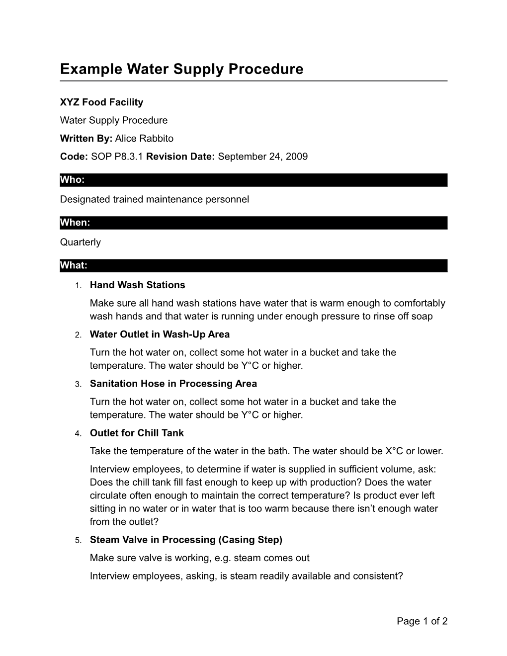 Example Water Supply Procedure